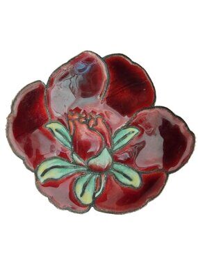 Vintage Red Metal Enamel Rose Flower Trinket Dish Romantic READ